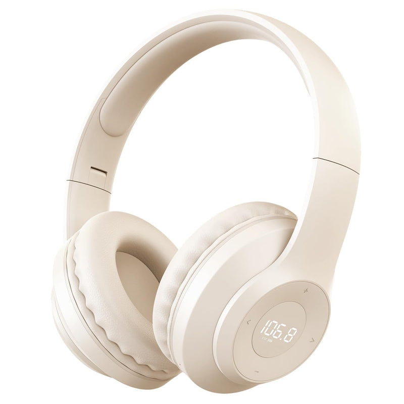 X5 Rechargeable & Portable FM Radio Headphones with Best Reception LED Display Soft Ear Muffs FM Headset Radio Receiver for Meeting Works Hiking Jogging (Beige)